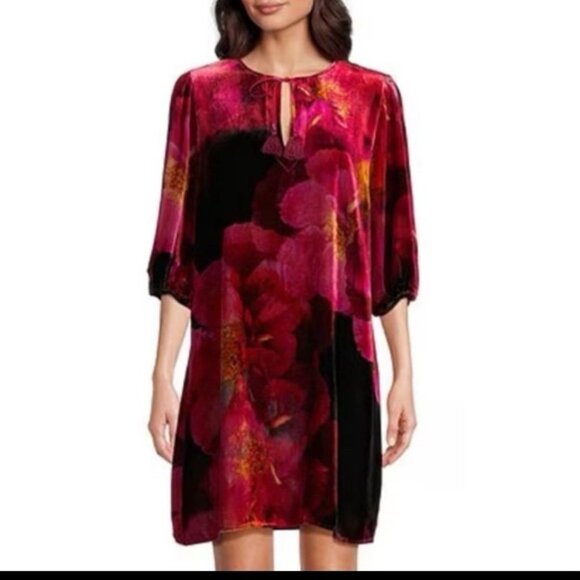 Johnny Was Women Vesna Red Velvet Silk Blend Shift New Dress Ruby Bloom M $350 - Picture 1 of 5